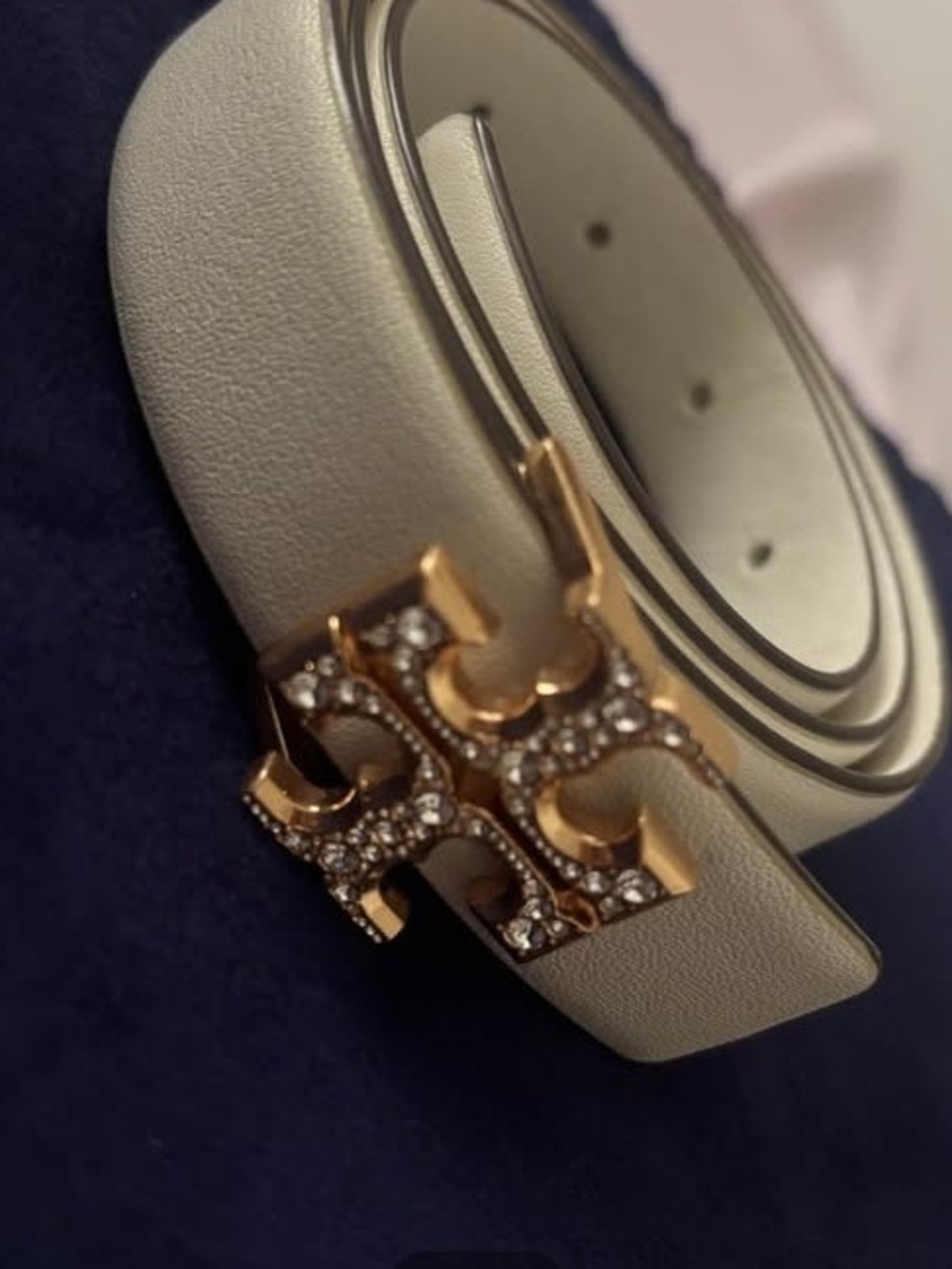 Tory Burch Cream Leather Belt with Gold Crystal Logo Buckle